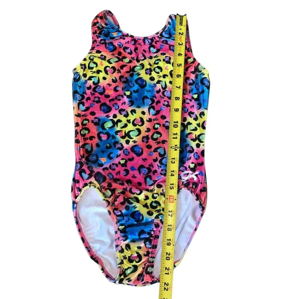 GK Elite Leotard Kids CL Multicolor Leopard Heart Foil Gym Lisa Frank  80s Funky